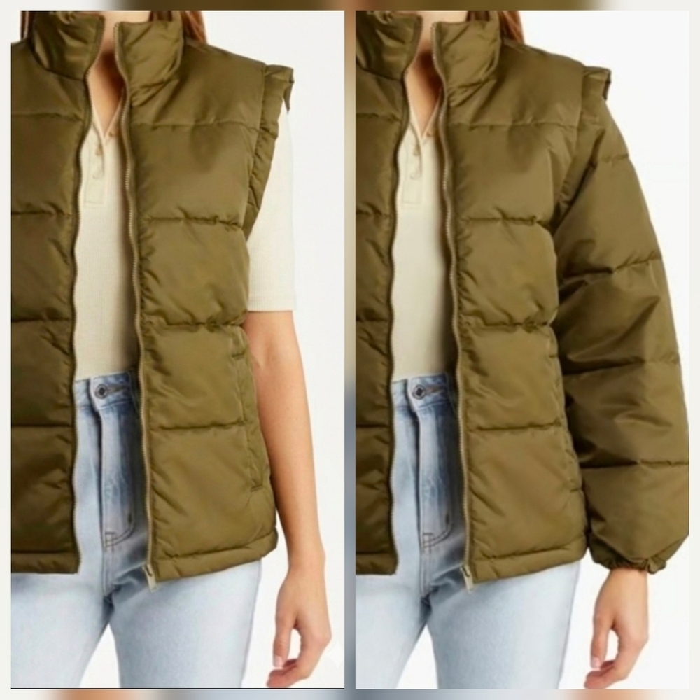 WeWoreWhat Zip Off Sleeve Nylon Puffer Vest Jacket Military Olive Green, Size XS